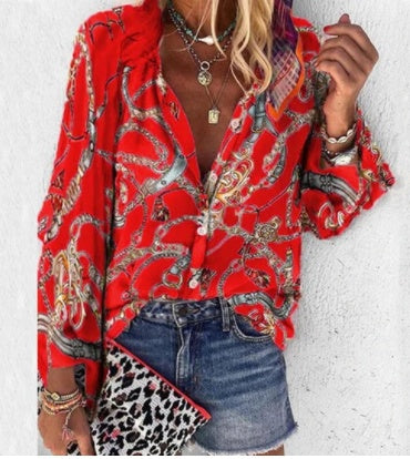 Printed Long Sleeve V-neck Button Ladies Blouse Women