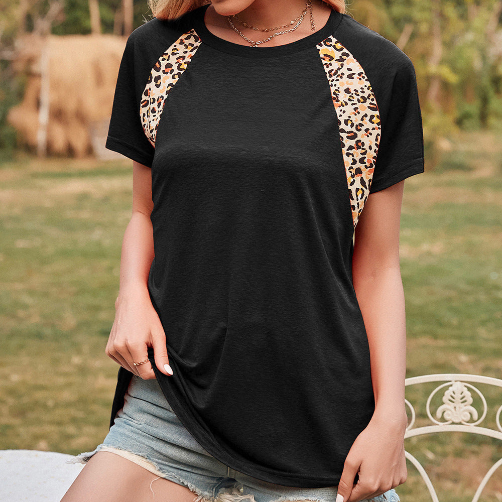 Women'S Spring And Summer New Tops European And American Leopard Print Stitching Round Neck Short-Sleeved T-Shirt