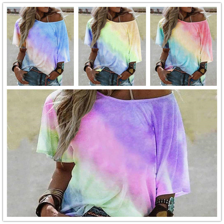 Tie-Dye Process Multi-Color Stitching Loose Fashion Short Sleeves