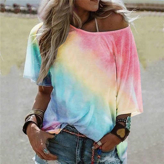 Tie-Dye Process Multi-Color Stitching Loose Fashion Short Sleeves