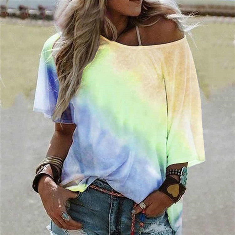 Tie-Dye Process Multi-Color Stitching Loose Fashion Short Sleeves