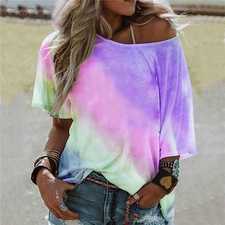 Tie-Dye Process Multi-Color Stitching Loose Fashion Short Sleeves