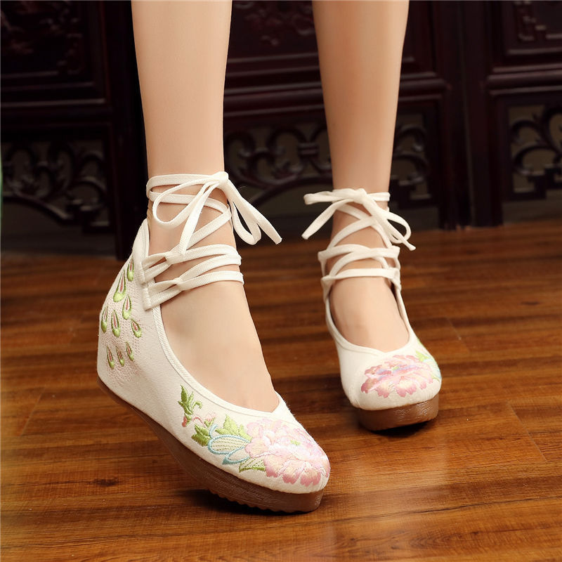 Shoes Women Lace Up Embroidered Shoes With High Slope