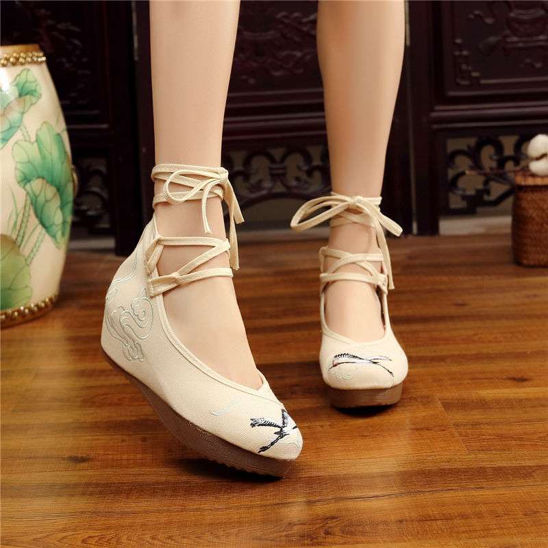 Shoes Women Lace Up Embroidered Shoes With High Slope