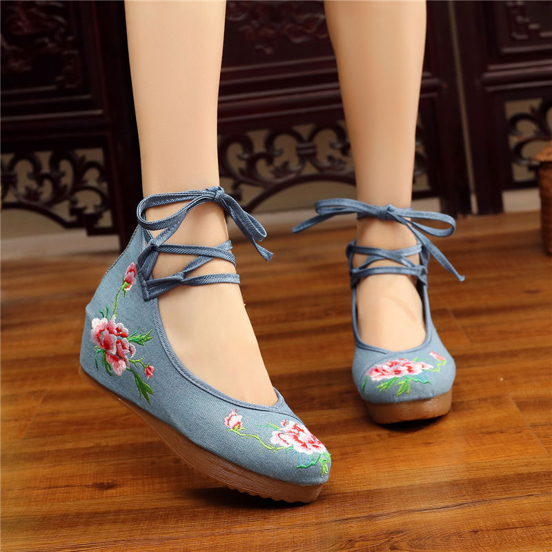 Shoes Women Lace Up Embroidered Shoes With High Slope