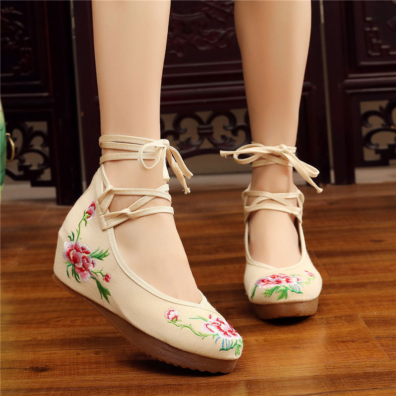 Shoes Women Lace Up Embroidered Shoes With High Slope