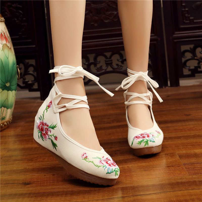 Shoes Women Lace Up Embroidered Shoes With High Slope