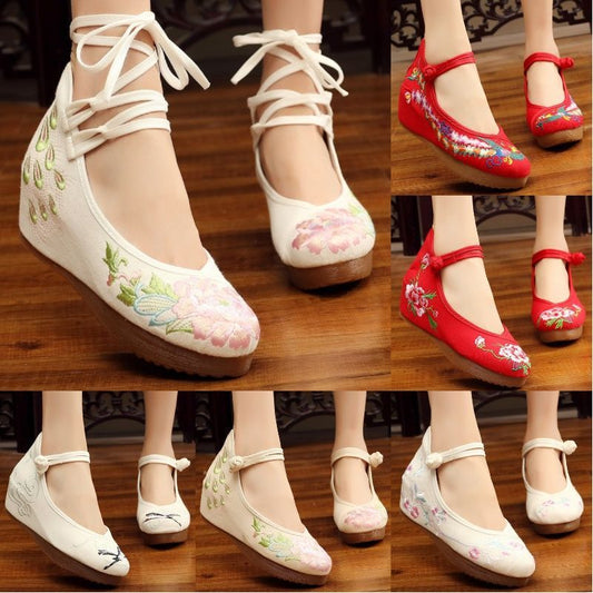 Shoes Women Lace Up Embroidered Shoes With High Slope