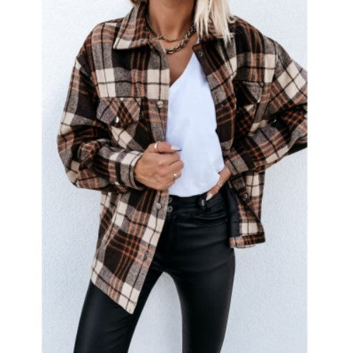 Autumn And Winter Long-Sleeved Button Lapel Casual Warm Plaid Long Woolen Coat