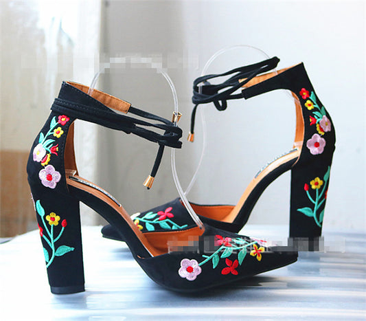 Womens Pumps Shoes Dorsay Ankle Strap Block High Heels Embroidery Flowers