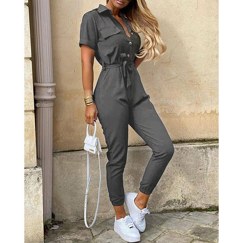 Trousers Casual Lapel Buttoned Printed Belt Overalls