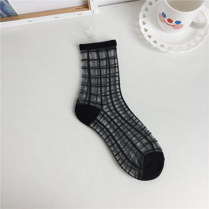 Transparent Glass Stockings Crystal Socks Polka Dot Check Striped Short Socks