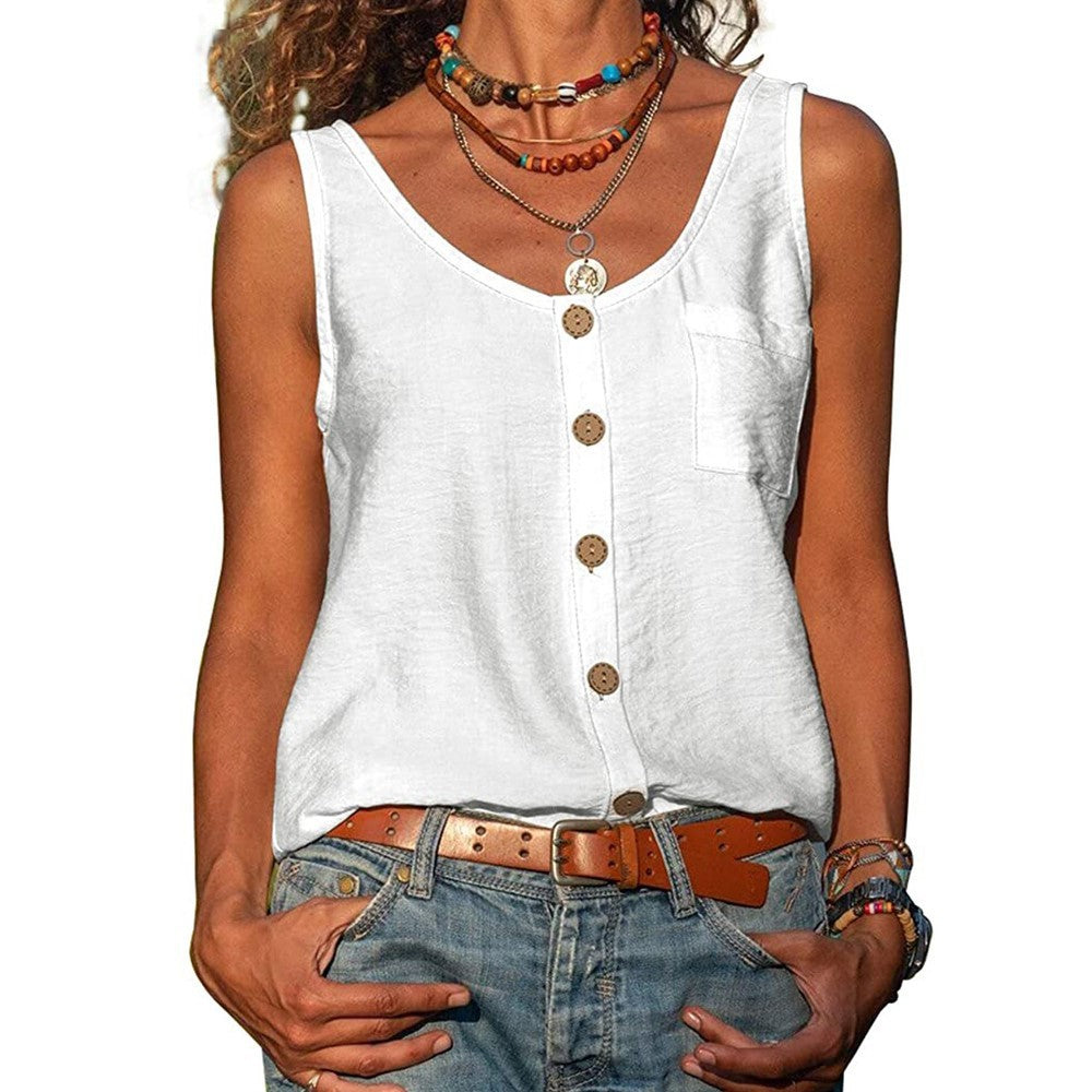 Women's Solid Color V Neck Button Sleeveless Pocket Vest Top