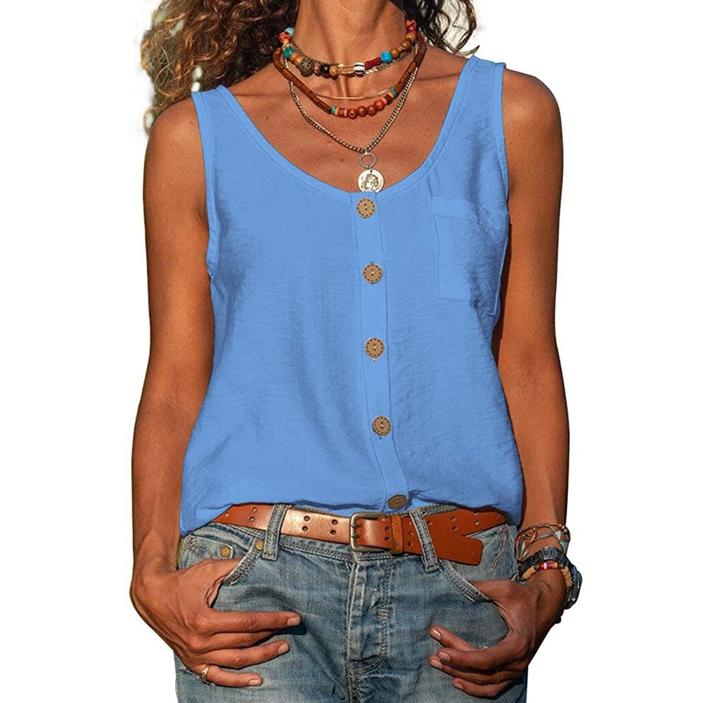 Women's Solid Color V Neck Button Sleeveless Pocket Vest Top