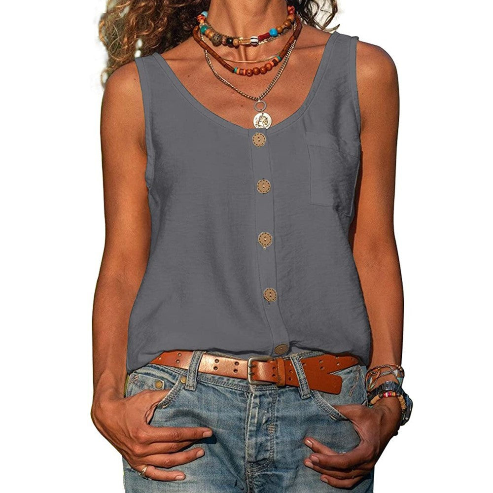 Women's Solid Color V Neck Button Sleeveless Pocket Vest Top