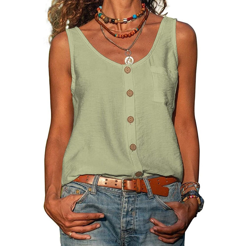 Women's Solid Color V Neck Button Sleeveless Pocket Vest Top