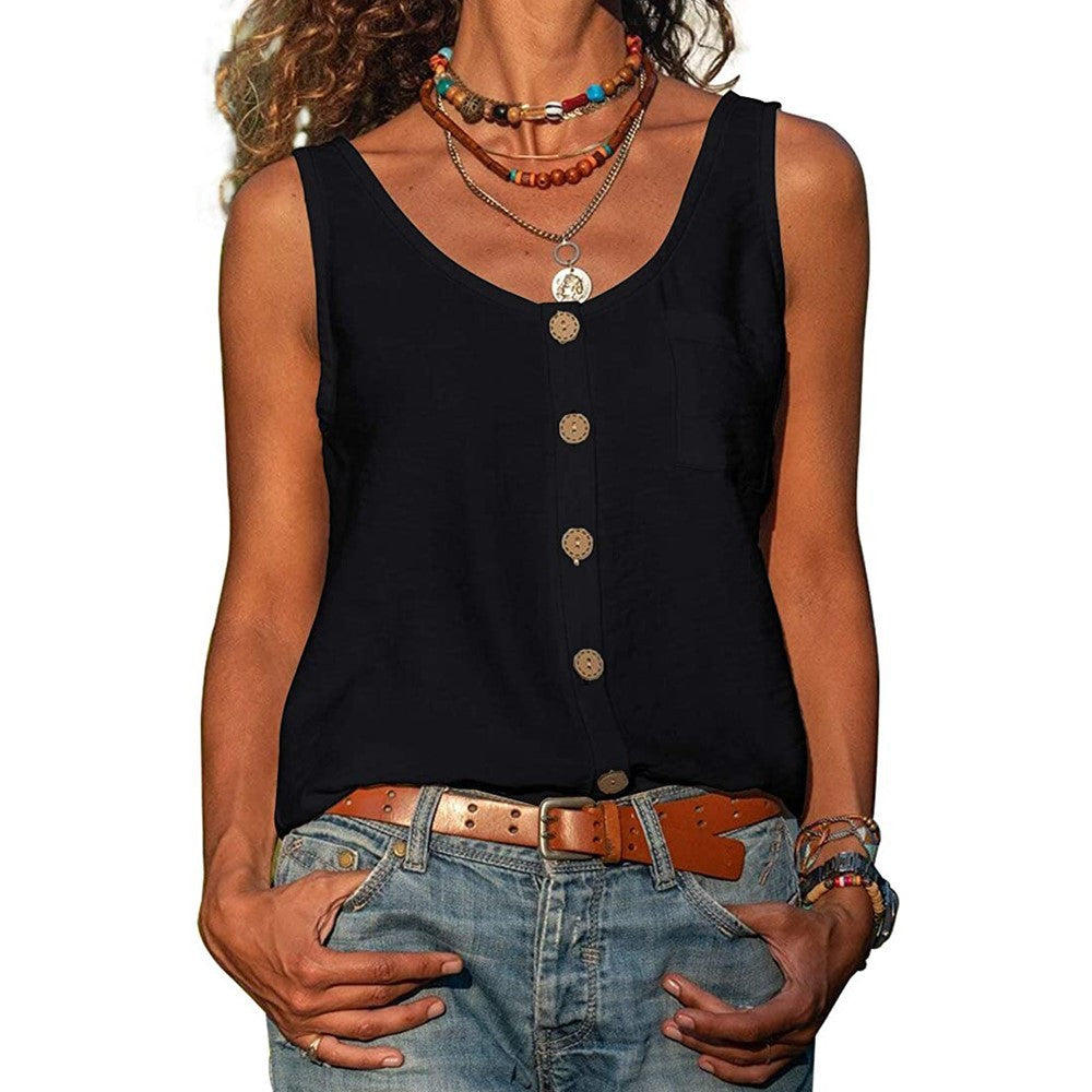 Women's Solid Color V Neck Button Sleeveless Pocket Vest Top