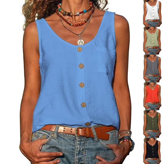 Women's Solid Color V Neck Button Sleeveless Pocket Vest Top