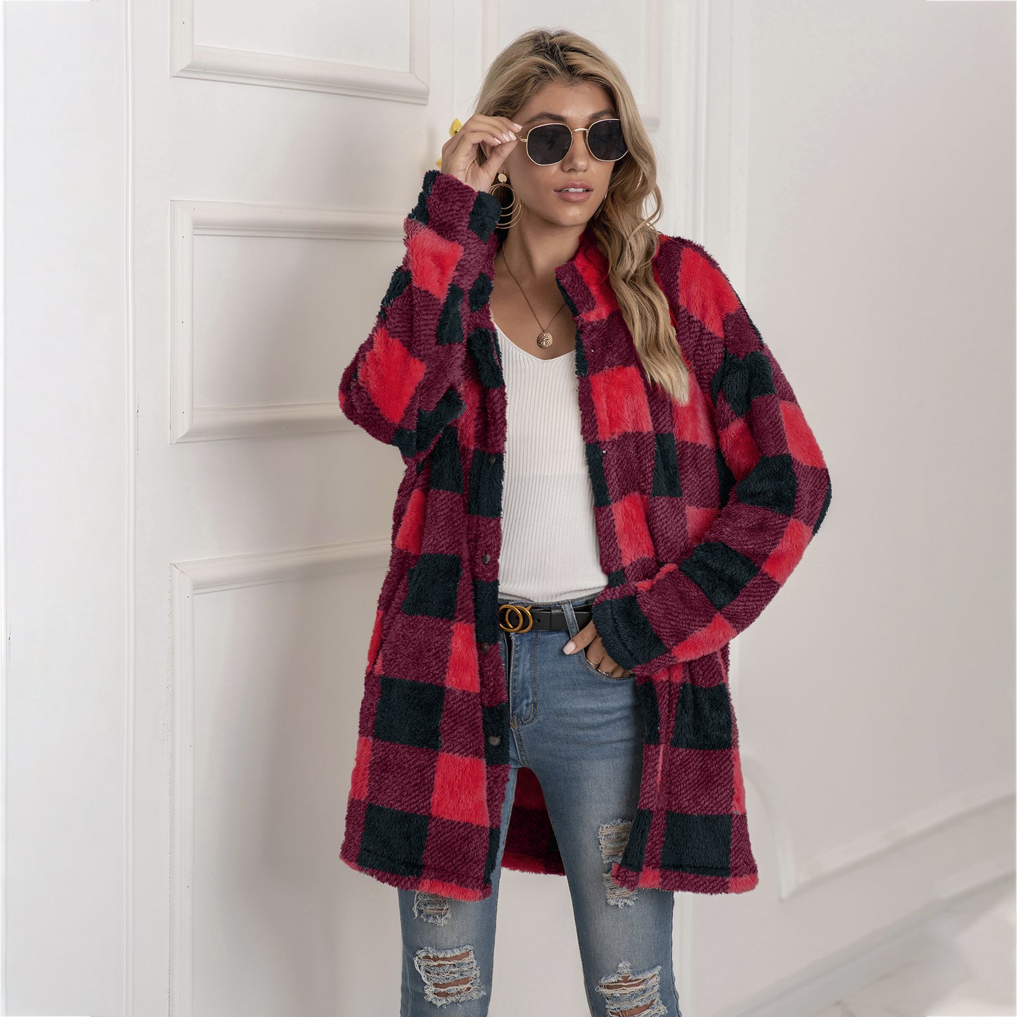 Autumn And Winter Long-Sleeved Button Lapel Casual Warm Plaid Long Woolen Coat