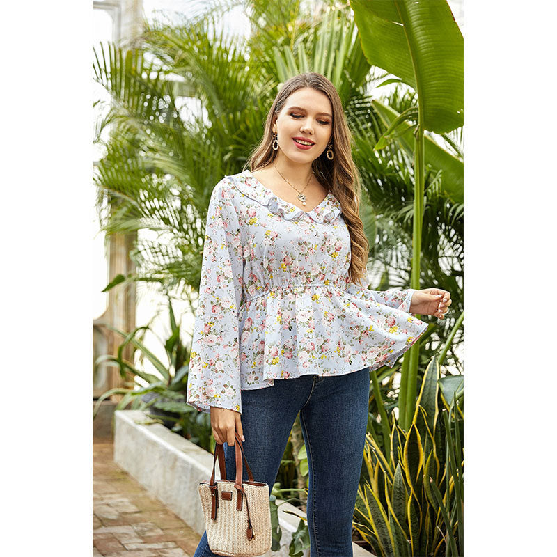 floral blouse Women ruffled collar t shirt fat lady top