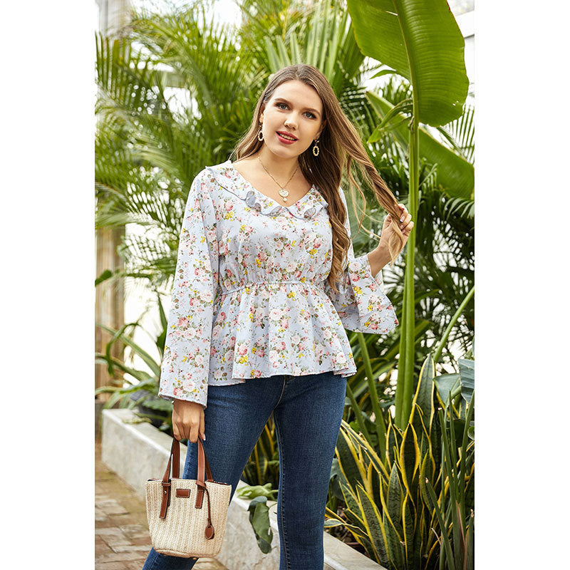 floral blouse Women ruffled collar t shirt fat lady top