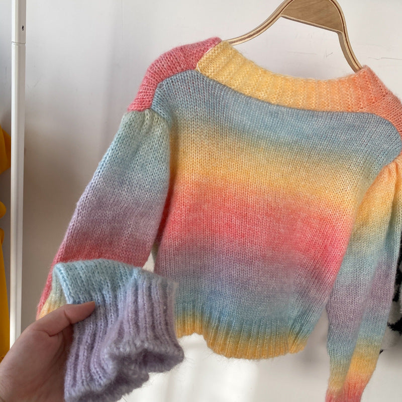 Rainbow Striped Knit Cardigan Short Sweater