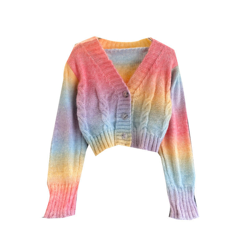 Rainbow Striped Knit Cardigan Short Sweater