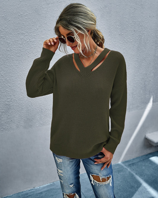 Fashion V-neck Hollow Long-sleeved Women's Sweater