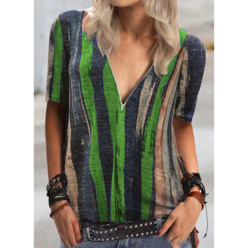 Tie-dye striped printed long-sleeved T-shirt V-neck zipper top women