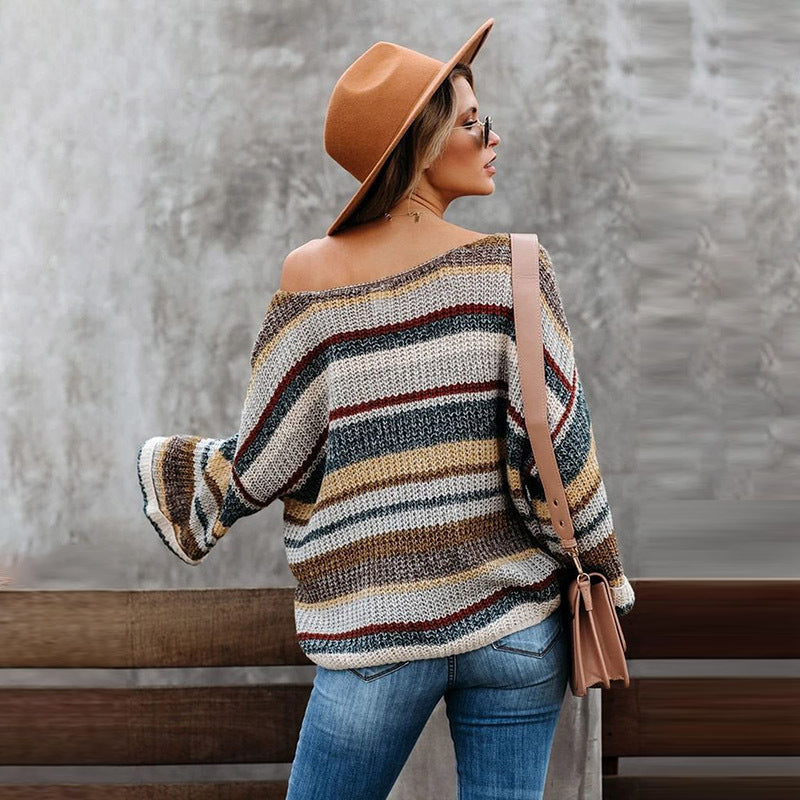 Striped long sleeve loose round neck pullover sweater women