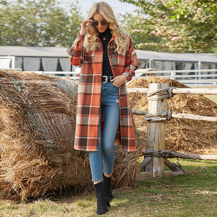 Plaid Woolen Shirt Jacket With Side Slit Lapel