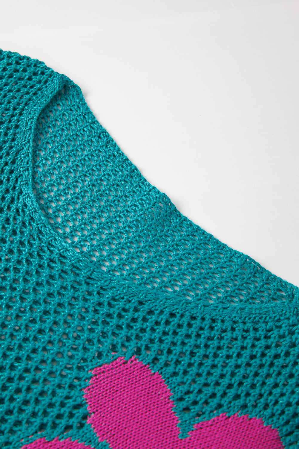 Sea Green Big Flower Hollowed Knit Drop Shoulder Sweater