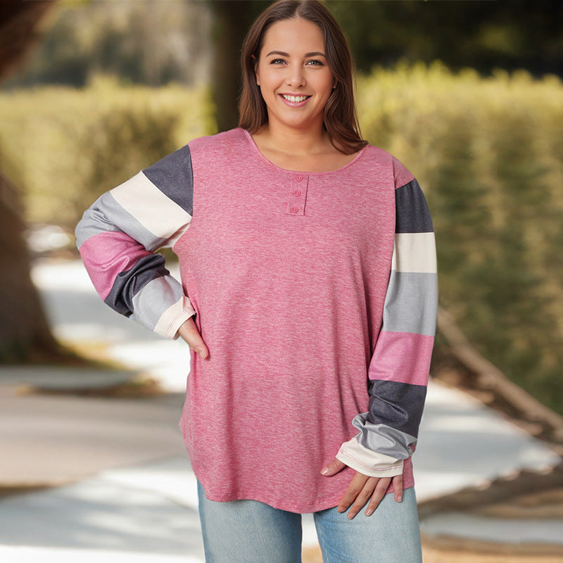 Simple All-matching Rose Striped Sleeve Pullover Plus Size Top