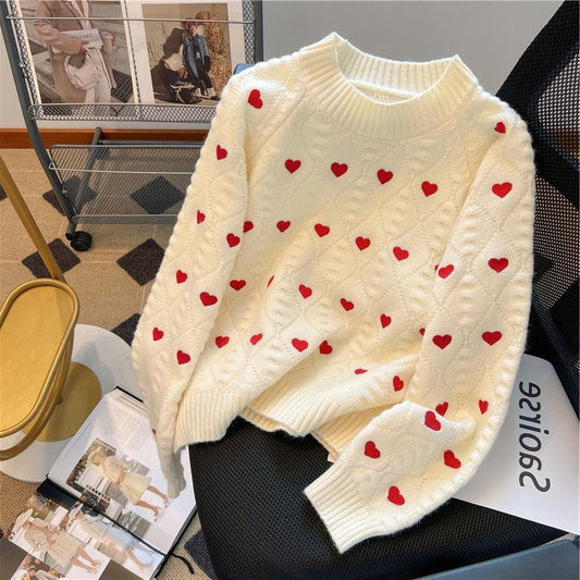 Heart Printing Cable-knit Sweater Women
