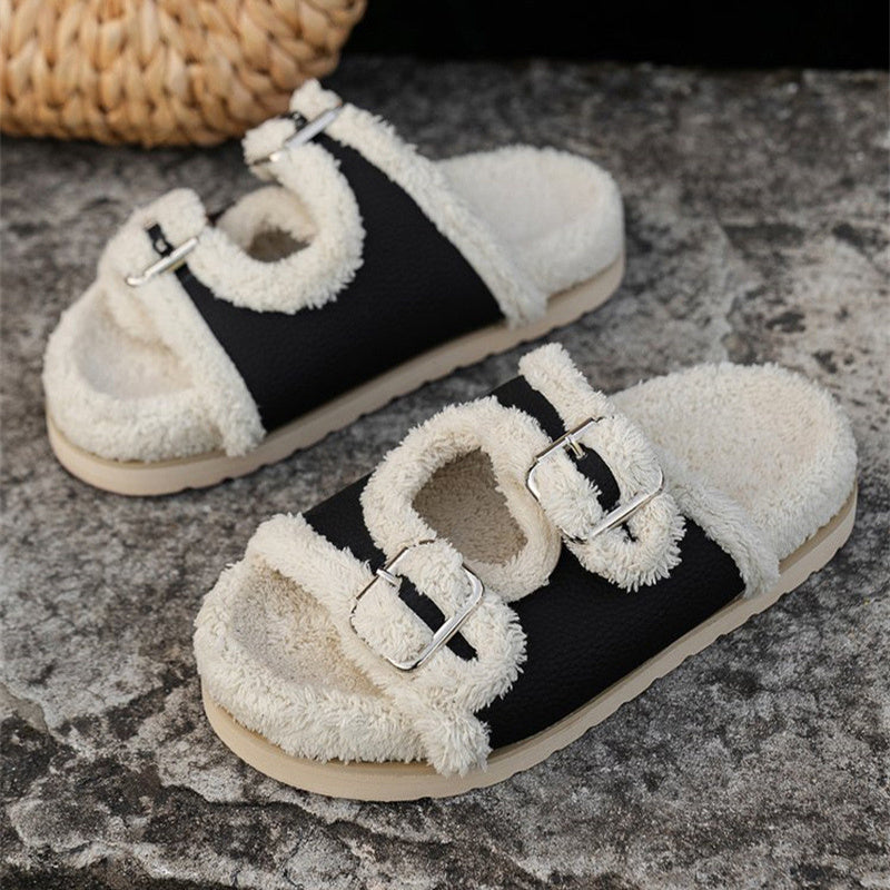 Autumn Winter Slipper Thick Sole Buckle Lamb Swool Slippers For Women Outdoor Gardern Indoor Lazy Plush Shoes