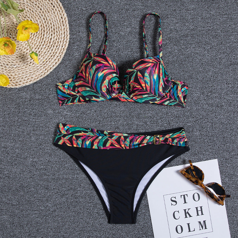 Printed Bikini Two-piece Set Gather Backless Swimsuit