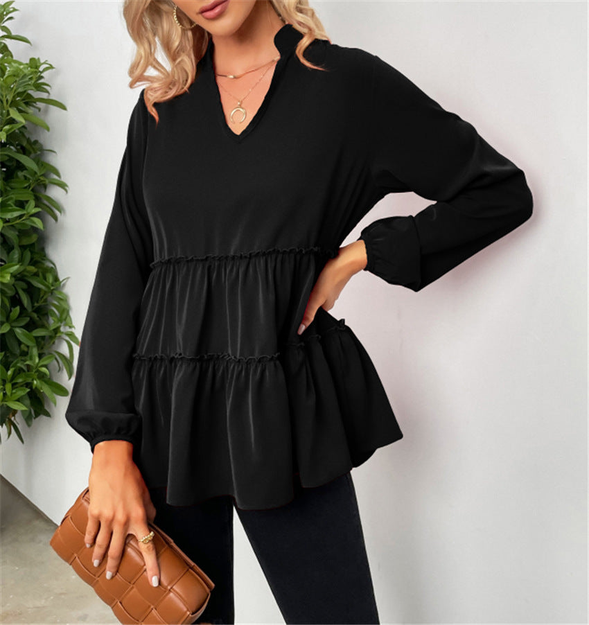 Solid Color And V-neck Ruffled Hem Shirt