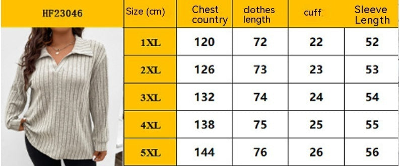 Solid Color Plus Size Women's Clothes Top V-shaped Lapel Long Sleeve Sunken Stripe Brushed T-shirt Loose