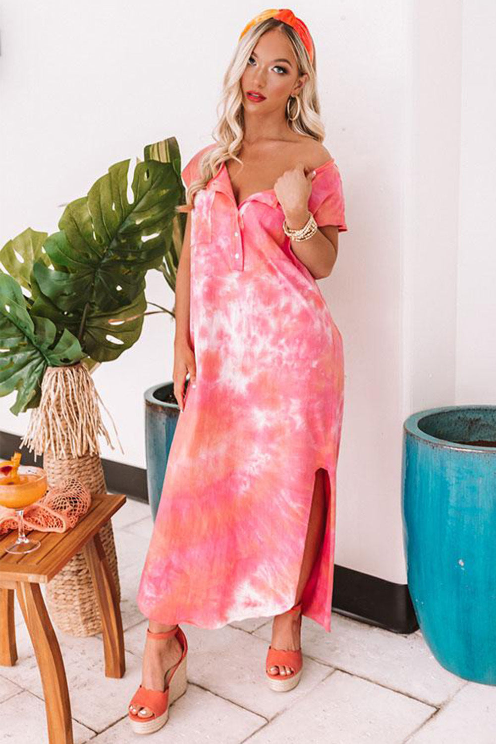 Tie-dye print split dress