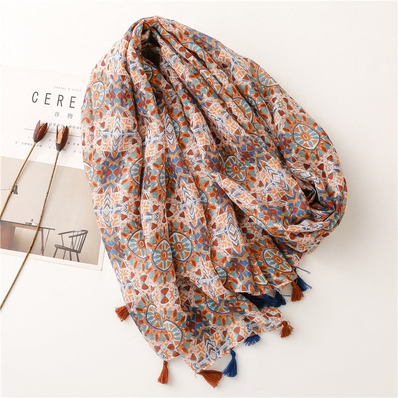 Retro Ethnic Style Voile Cotton And Linen Feel Scarf Women's Thin Type Sunscreen Shawl