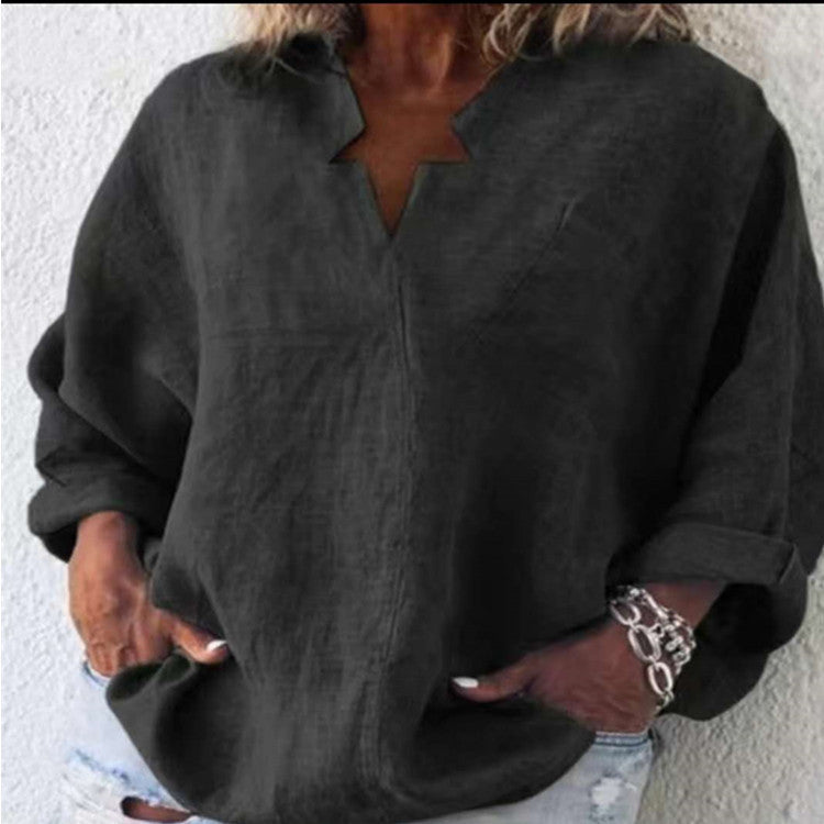 Solid Color Cotton And Linen Plus Size Long Sleeve Pullover Urban Leisure Mid-length V-neck Shirt