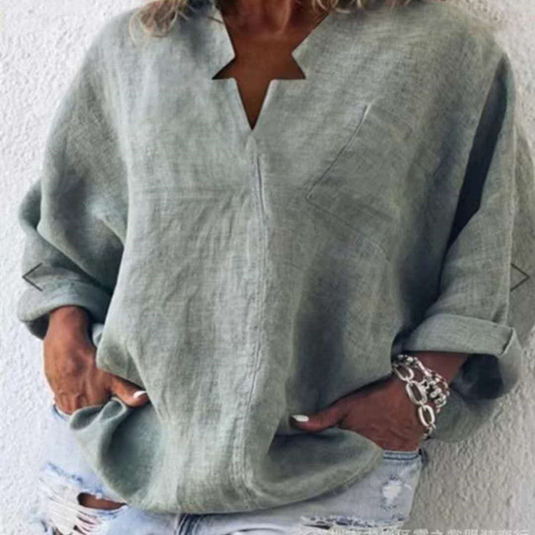 Solid Color Cotton And Linen Plus Size Long Sleeve Pullover Urban Leisure Mid-length V-neck Shirt