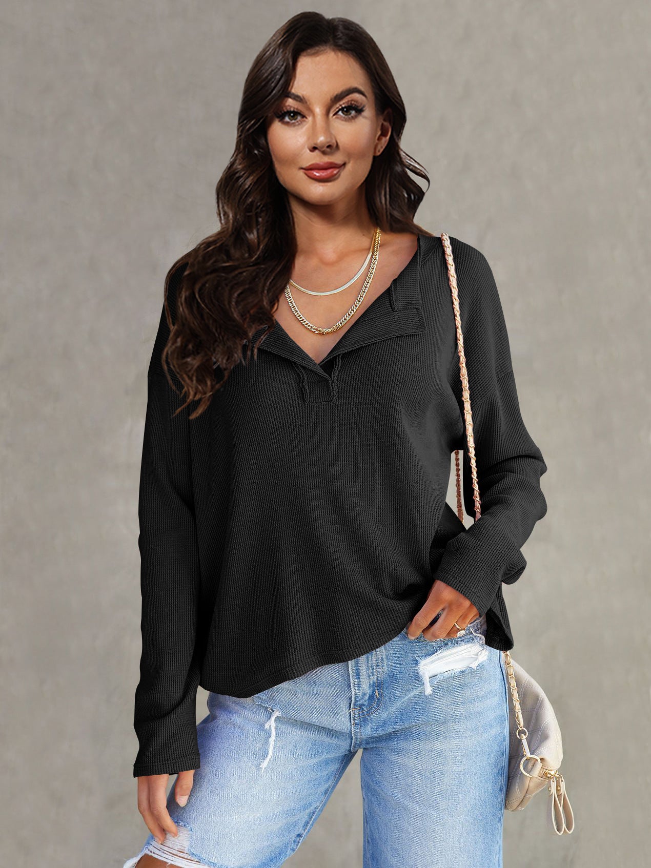 Women's Fashionable Casual All-match V-neck Long-sleeved Top
