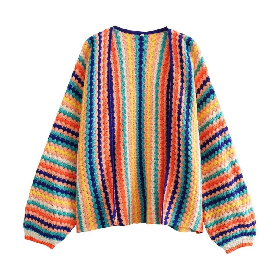 Autumn New Rainbow Bar Cardigan Long Sleeve Wide Songou Meibo Sweater Coat
