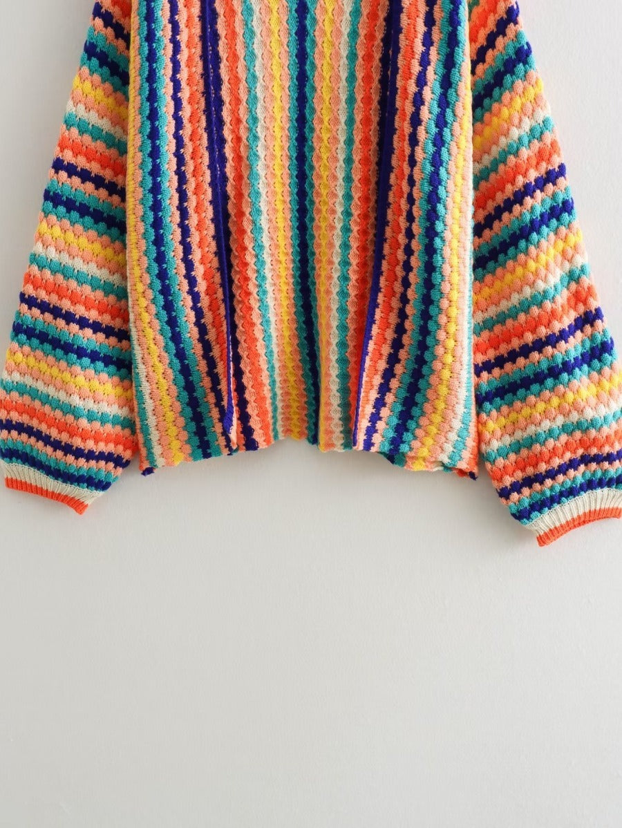 Autumn New Rainbow Bar Cardigan Long Sleeve Wide Songou Meibo Sweater Coat