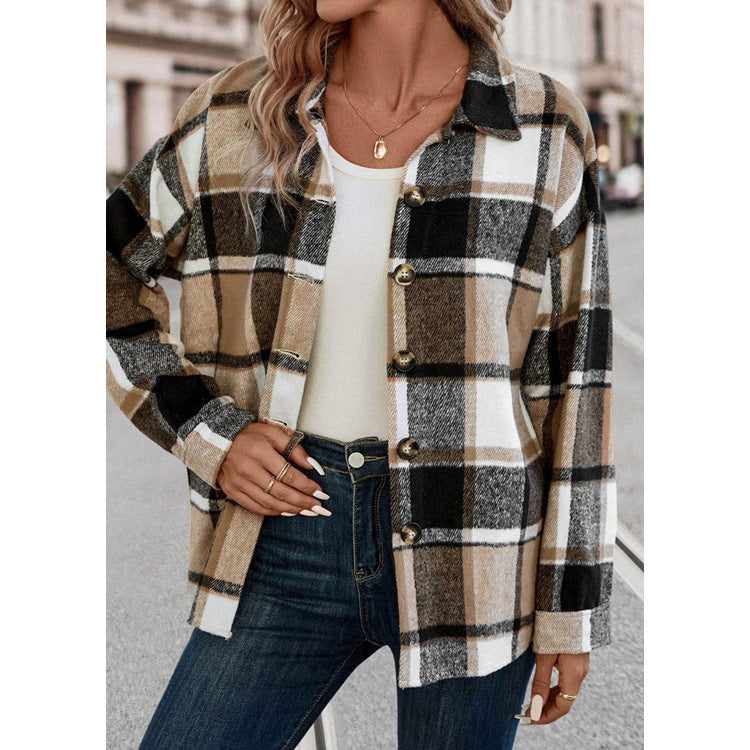 Woolen Loose Plaid Shirt Button Long Sleeve Coat