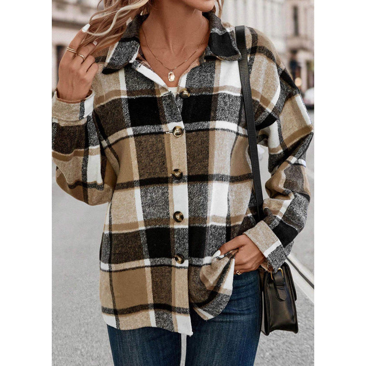 Woolen Loose Plaid Shirt Button Long Sleeve Coat