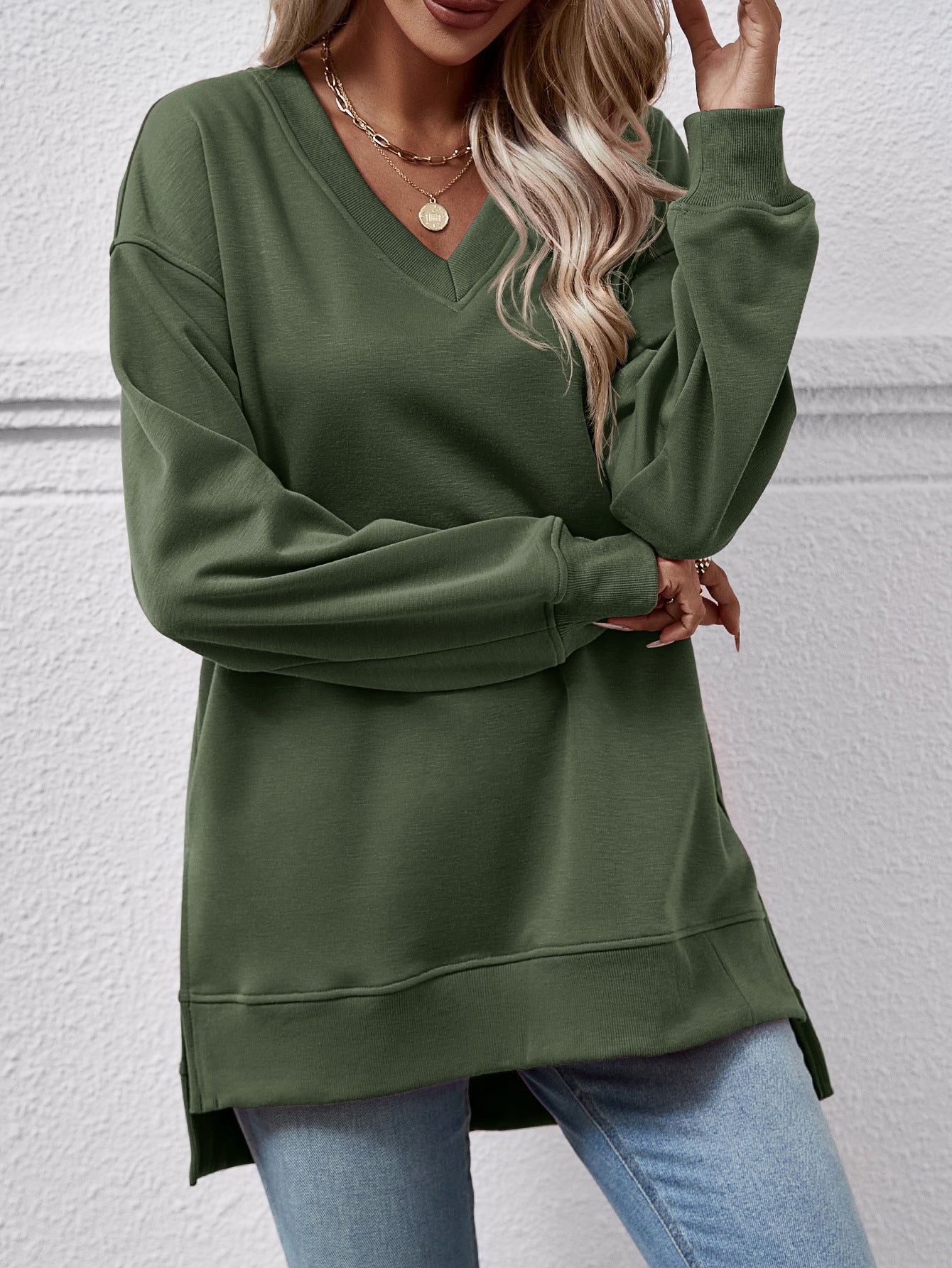 Solid Color And V-neck Split Front Short Back Long Sweater