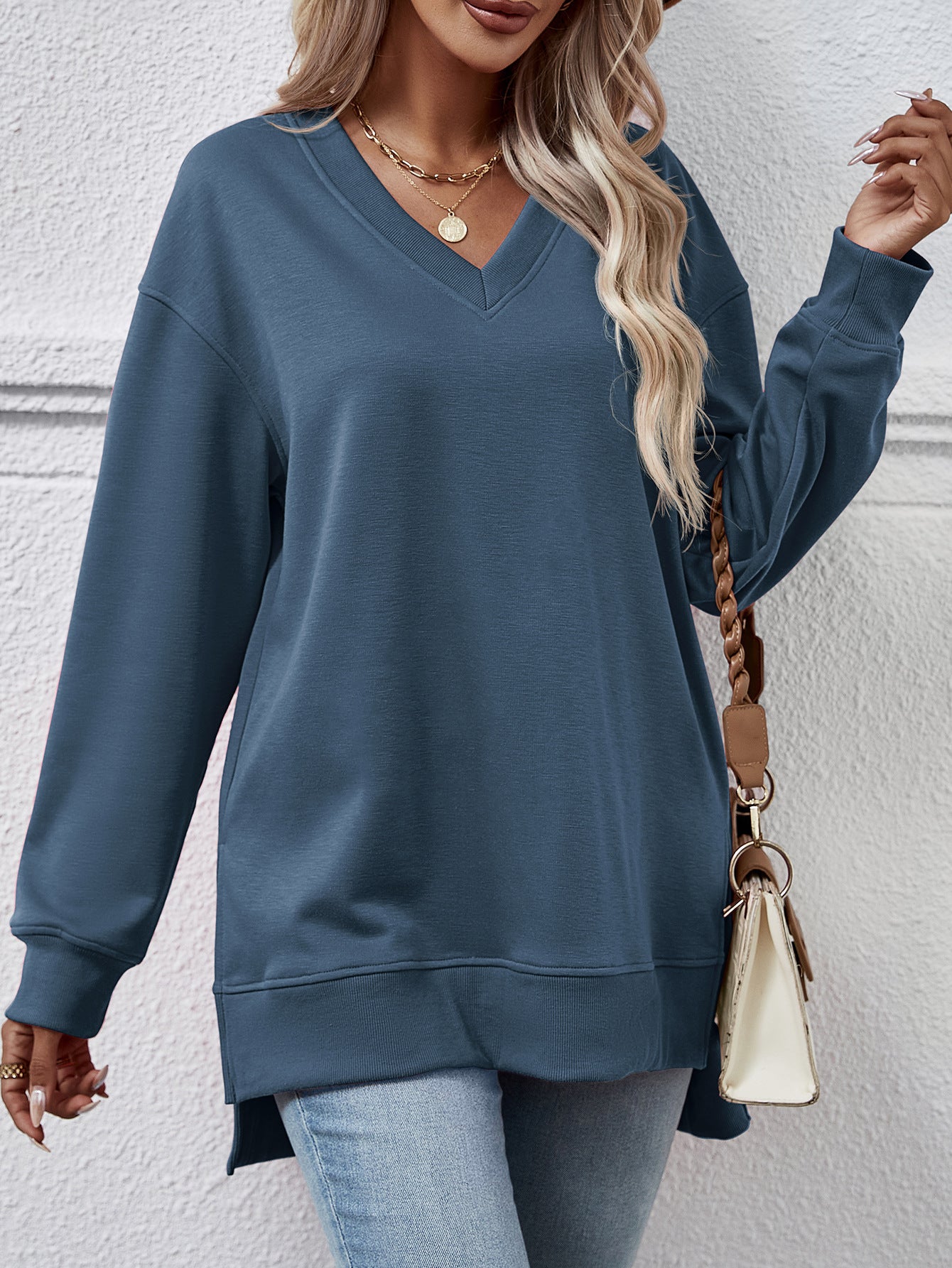 Solid Color And V-neck Split Front Short Back Long Sweater