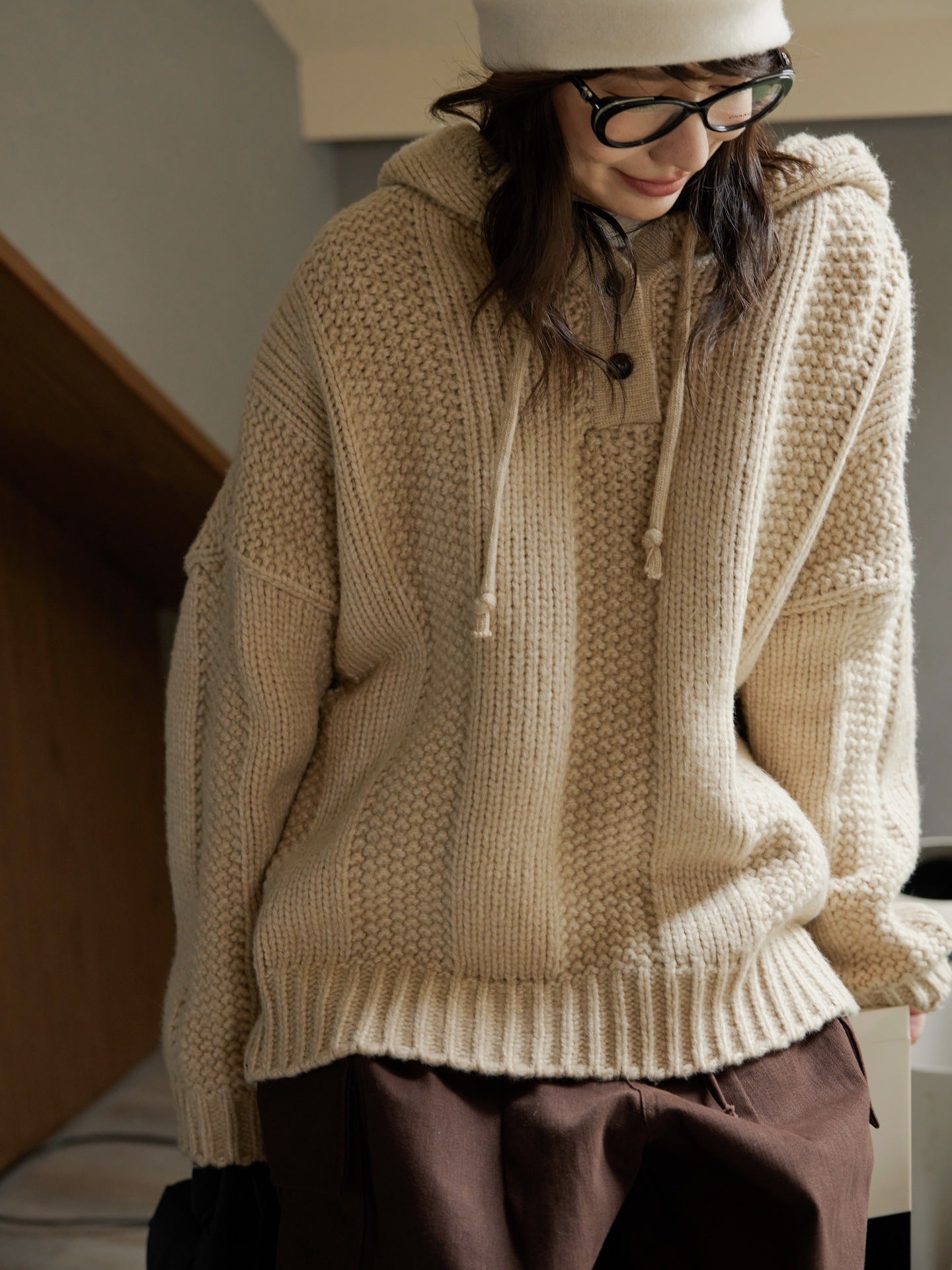 Autumn And Winter New Hooded Woven Texture Sweater Top Women